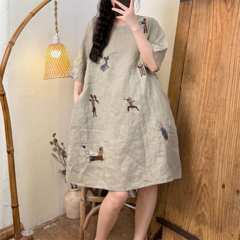 Summer New Retro Robe-Style Dress, Loose Fit, Flattering and Slimming, Mid-Length, Heavily Embroidered Cotton-Linen Short-Sleeve Dress